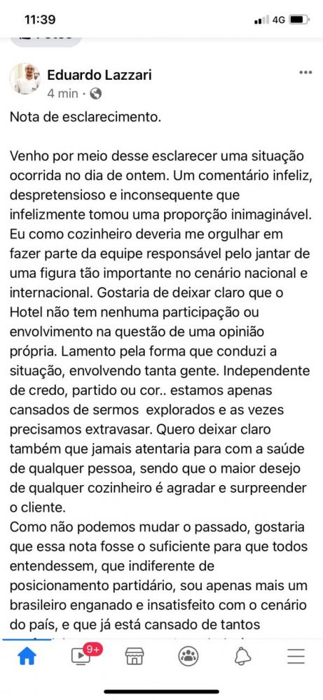 Cozinheiro se manifestou em suas redes sociais e depois desativou seu perfil