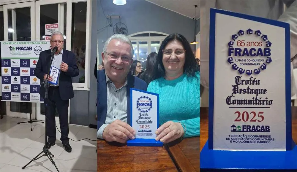 Ari Pelicioli, ao lado da esposa Marlene, com o troféu de Destaque Comunitário - Foto: Reprodução/Especial