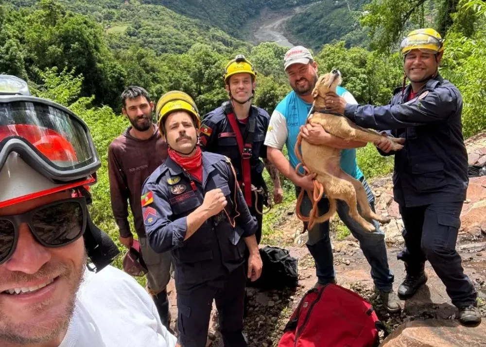 Resgate da cadela Kiara foi desafiador e muito comemorado - Foto: Corpo de Bombeiros de Bento Gonçalves/Especial