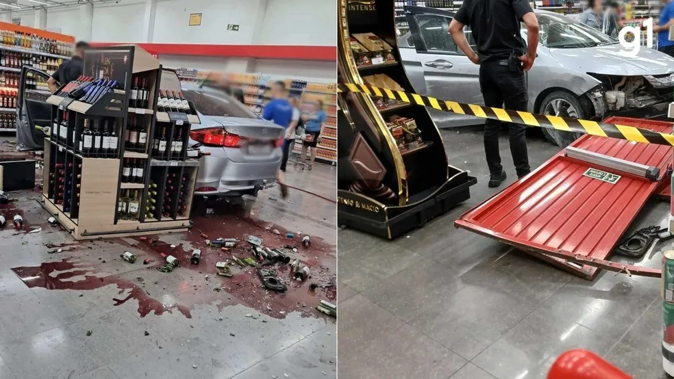Carro invade supermercado e atinge prateleira de vinhos