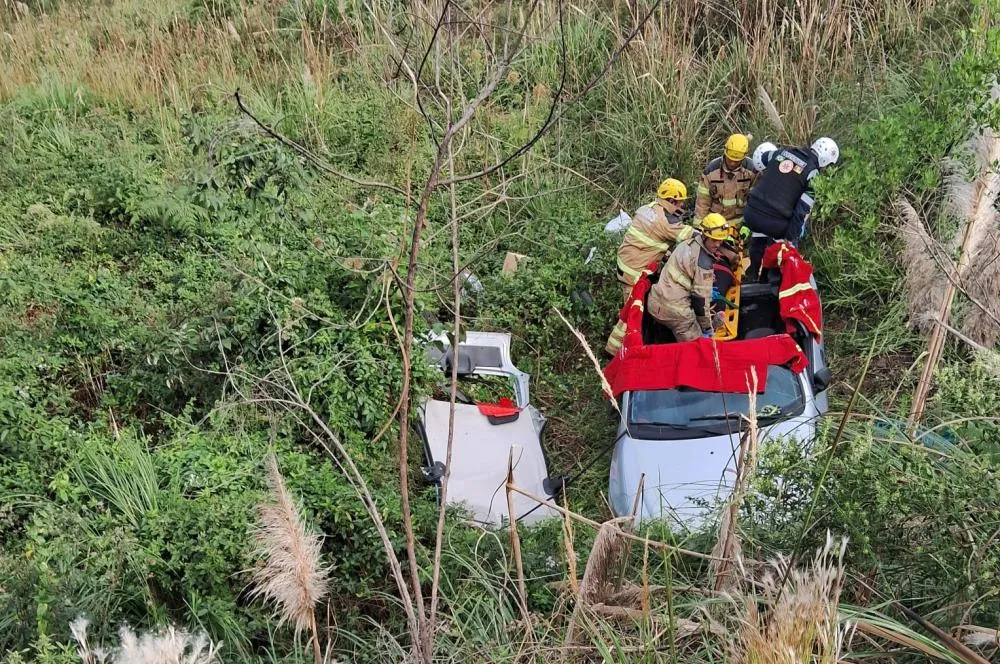 Bombeiros precisaram cortar o teto do veículo para salvar a motorista - Foto: Reprodução/Especial NB Notícias