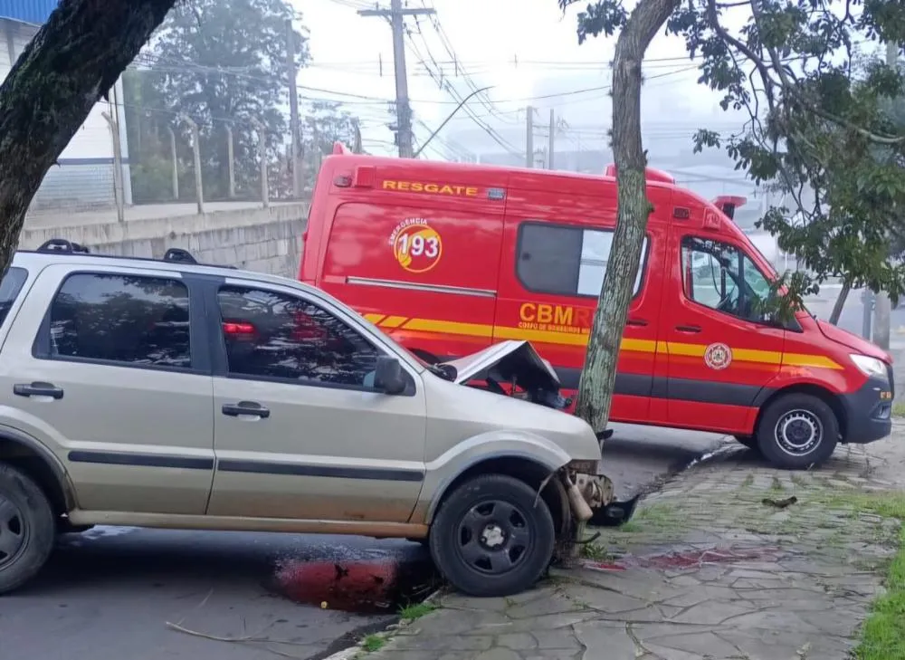 Ao chegarem ao endereço indicado, os socorristas depararam-se com um automóvel, com placas de Sapucaia do Sul, acidentado na via pública. (Fotos: 3ª CiaBM)