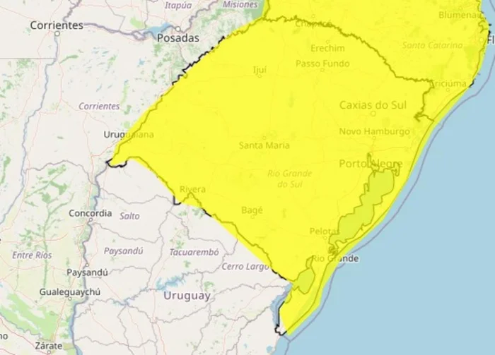 Alerta é válido para todo o estado do Rio Grande do Sul. (Imagem: Instituto Nacional de Meteorologia (Inmet) / Reprodução)