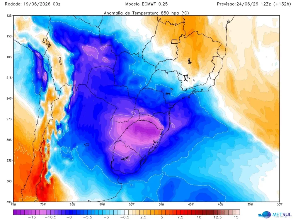 Intensa massa de ar frio atua na próxima semana. (Imagem: METSUL)