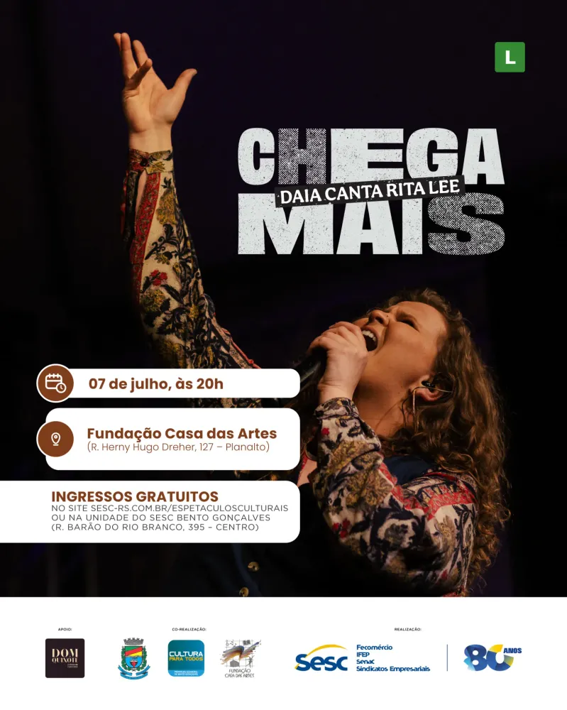 Espetáculo gratuito homenageia Rita Lee em Bento Gonçalves