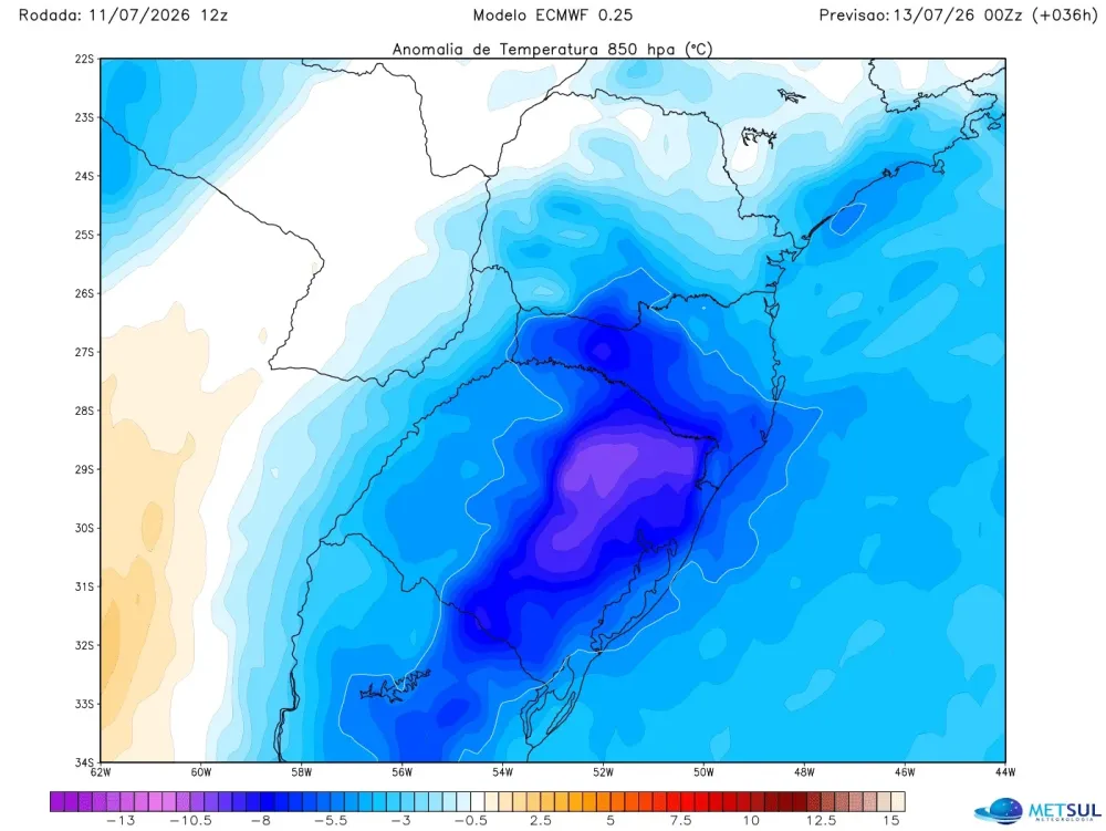 Mapa do modelo europeu mostra massa de ar frio sobre o Sul do Brasil neste domingo. (Imagem: METSUL)