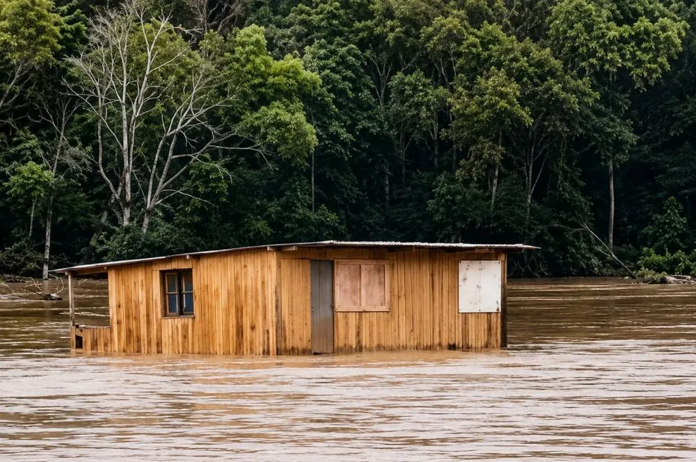 Uma casa de veraneio foi levada pelas águas do Rio das Antas - Foto: Reprodução com Inteligência Artificial