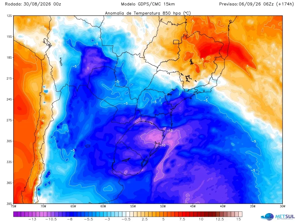 Modelos numéricos indicam massa de ar frio de maior intensidade no final da semana. (Foto: METSUL)