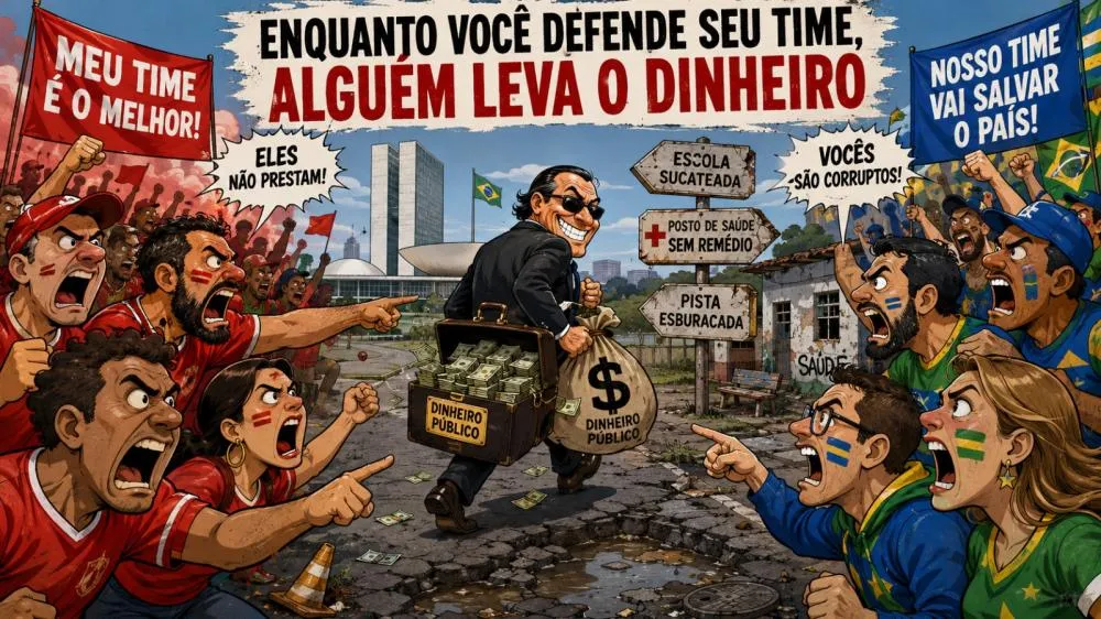 Nossos políticos profissionais entenderam que a polarização poderia render muito mais dinheiro para eles - Foto: Charge feita com IA