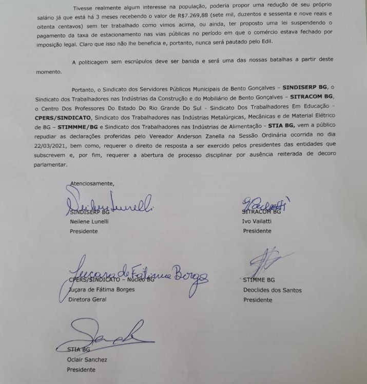 Sindicatos emitem nota de repúdio contra declaração de vereador em Bento Gonçalves