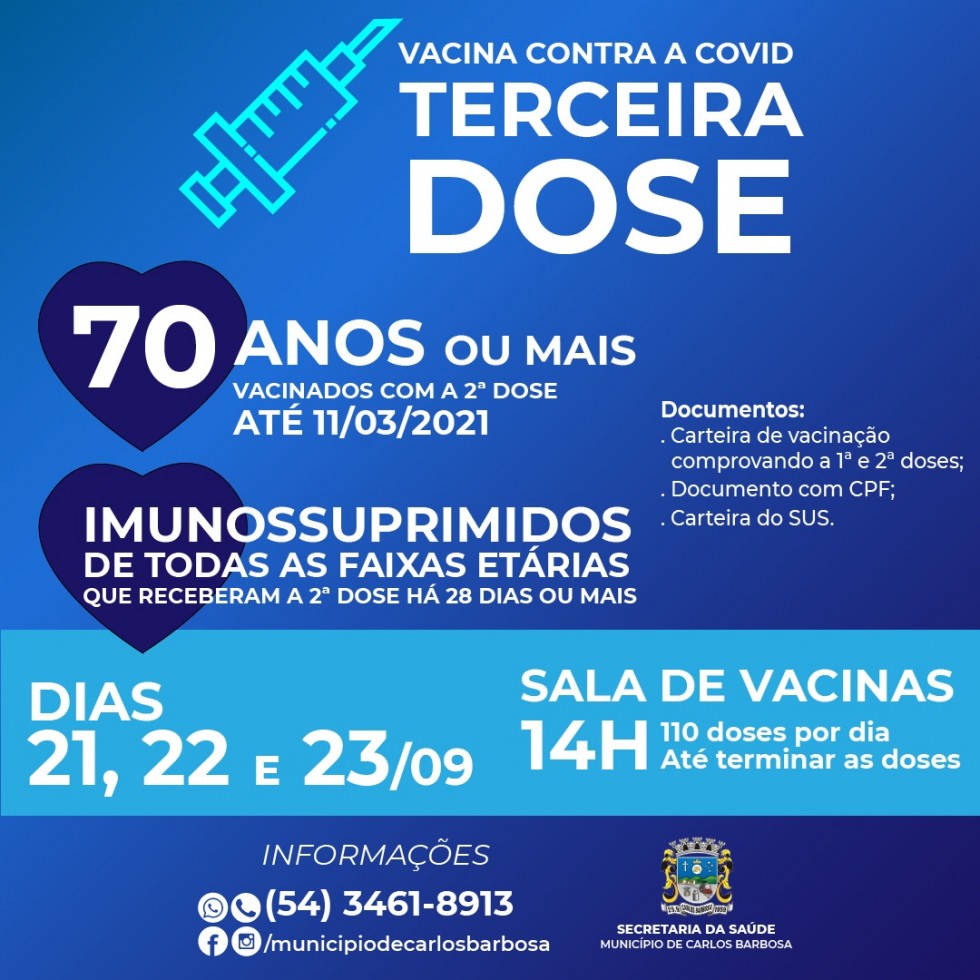 Carlos Barbosa: aplicação da 3ª dose contra a Covid inicia nesta terça-feira, dia 21