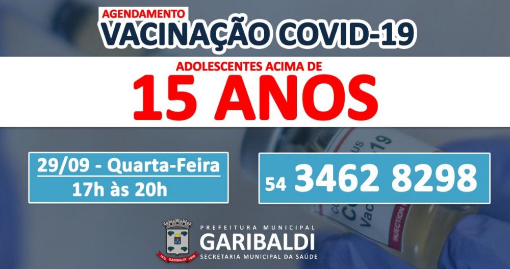 Nesta quarta, 29, Garibaldi abre agendamento para vacinação de jovens de 15 anos