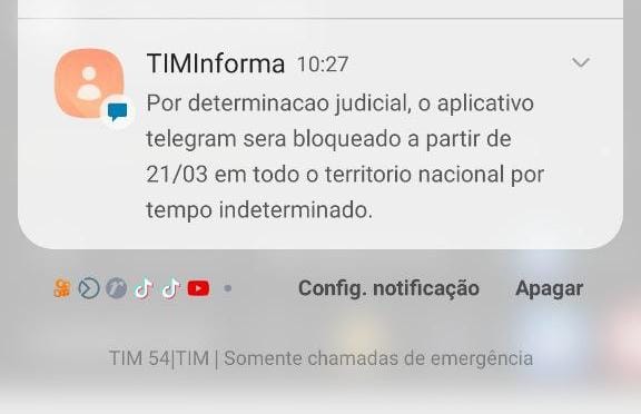 Clientes da TIM começaram a receber o aviso de bloqueio do Telegram na manhã deste domingo, 20.