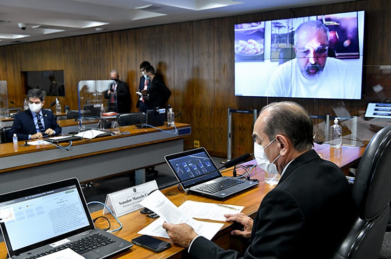 Marcelo Castro (à mesa, à dir.) comanda reunião da CE com Randolfe Rodrigues e Paulo Paim (no telão) - Geraldo Magela/Agência Senado