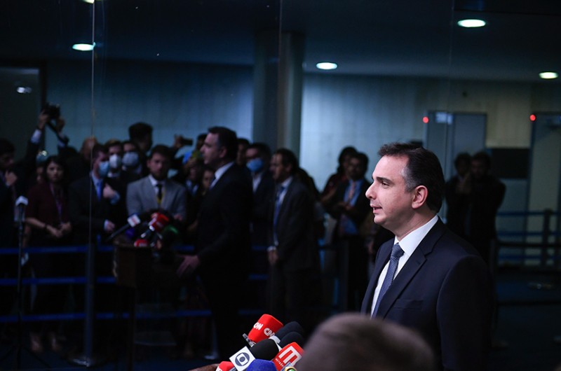 O presidente do Senado e do Congresso Nacional, Rodrigo Pacheco, durante entrevista coletiva nesta quarta-feira - Roque de Sá/Agência Senado