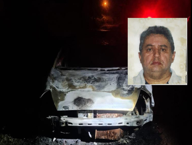 Ford KA usado pelos criminosos para matar Vanderlei (foto menor) foi incendiado - Foto: Polícia Civil 