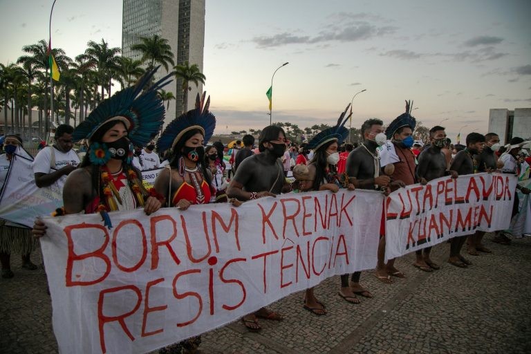 Indígenas protestam contra o marco temporal em 2021 - (Foto: Gabriel Paiva/FotosPúblicas)