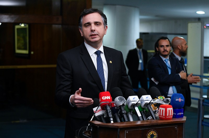 O presidente do Senado, Rodrigo Pacheco, durante entrevista coletiva nesta quarta-feira - Jefferson Rudy/Agência Senado