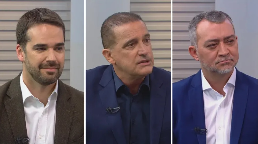 Eduardo Leite (PSDB), Onyx Lorenzoni (PL) e Edegar Pretto (PT). Crédito: Reprodução/RBS TV