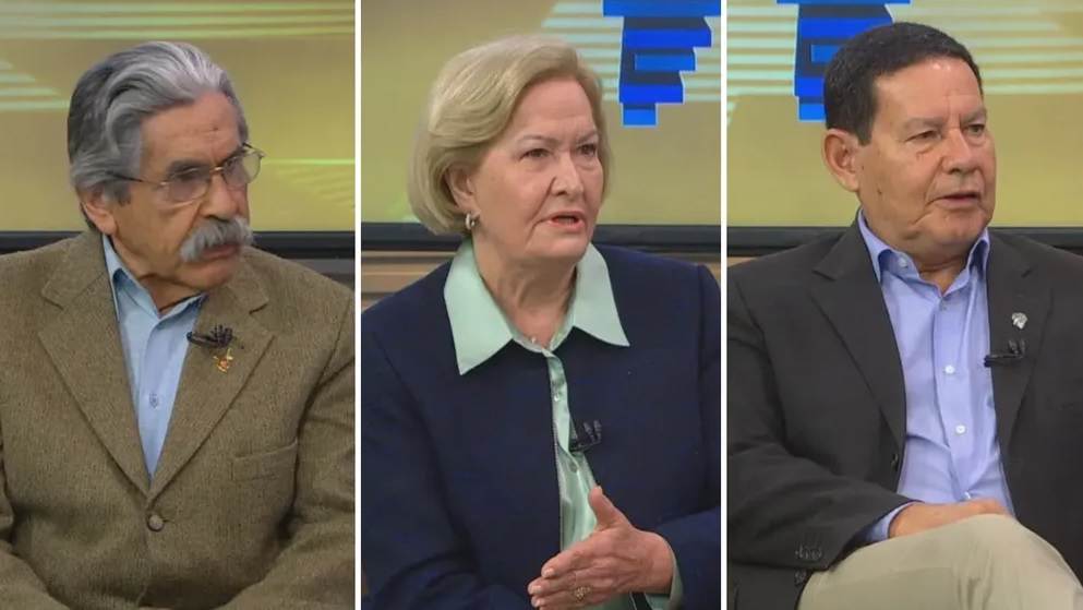 Olívio Dutra (PT), Ana Amélia Lemos (PSD) e Hamilton Mourão (Republicanos) . Crédito: Reprodução/RBS TV