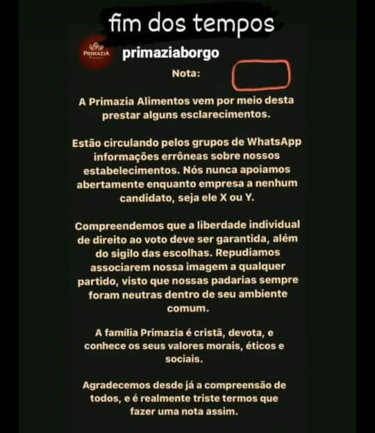 Primazia precisou emitir um comunicado em suas redes sociais para informar que não está apoiando nenhum lado da disputa política - Foto: Reprodução