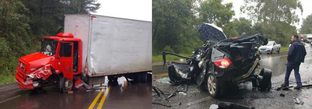 O motorista do Chevrolet Cruze teve traumatismo craniano e foi encaminhado para o Hospital Tacchini. Crédito (foto caminhão): Luís Carlos Muller/ Rádio Spaço FM