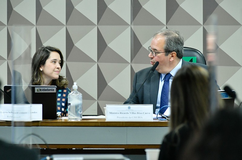 A relatora do colegiado, professora Laura Schertel Mendes, e o ministro do STJ Villas Bôas Cueva, presidente do grupo - Geraldo Magela/Agência Senado