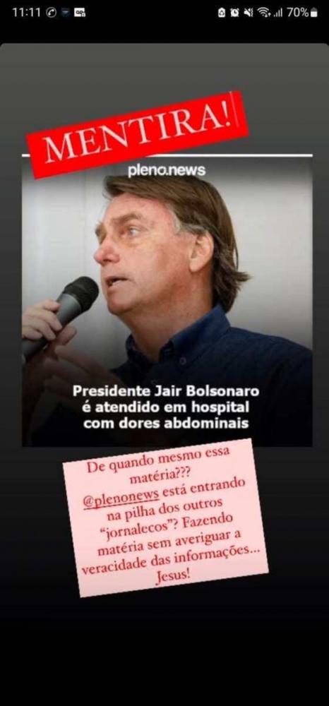 Michelle Bolsonaro desmente internação de presidente no hospital