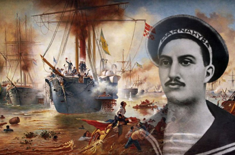 Marcílio Dias se destacou pela bravura e morreu em combate na Batalha do Riachuelo, retratada em pintura de Victor Meirelles - Montagem/Agência Marinha de Notícias