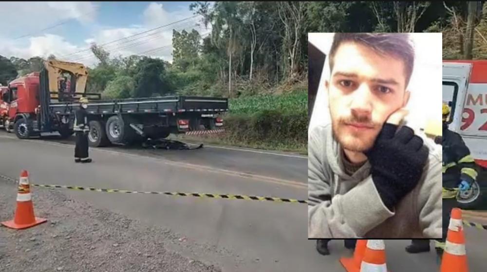 Com a força do impacto, Márcio foi jogado para debaixo do caminhão e morreu na hora. Crédito (foto de fundo): Rádio Estação FM 