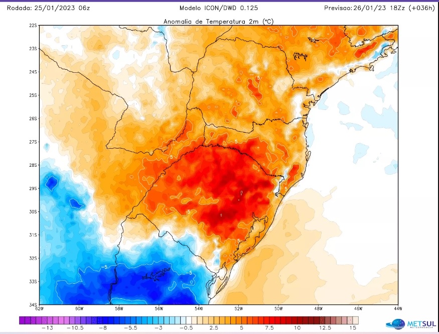 As temperaturas em algumas cidades podem chegar em mais de 40ºC. Crédito: MetSul