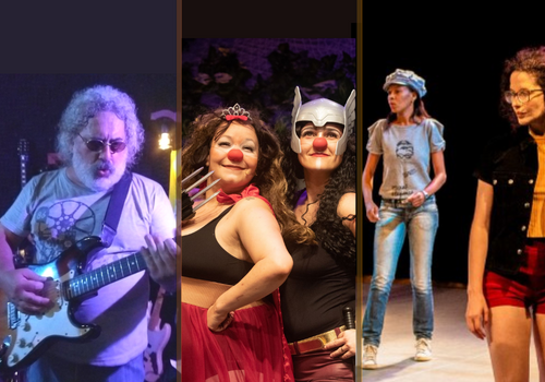 Edição CCOM Funarte – 1. Geraldo Guimarães, integrante da Pompeia Confraria do Rock, show no Centro Cultural Funarte SP (crédito: divulgação); 2. Cena das atrizes do espetáculo infantil “Boo”, na Funarte MG (crédito: Carol Reis); 3. Detalhe de foto de Ofi