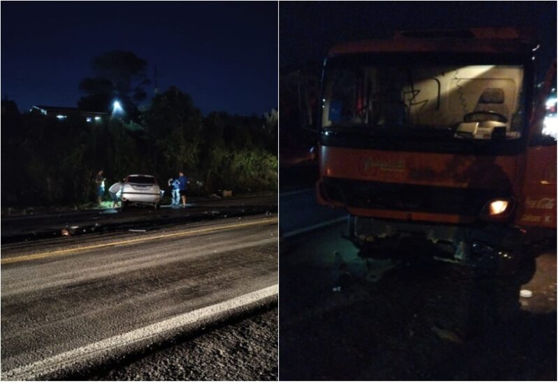 O motorista do Focus, um homem de 30 anos, natural de Farroupilha, ficou preso às ferragens. Crédito: Reprodução/Ouvinte Rádio Spaço FM