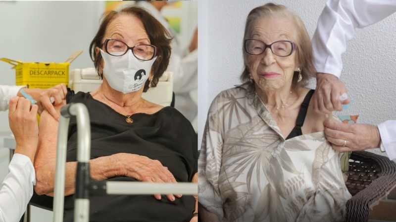 Eloina em dois momentos: recebendo a primeira dose da vacina (19/1/21) e a dose bivalente (17/2/23) -Foto: Itamar Aguiar/Ascom SES