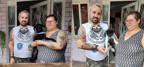 A adoção foi feita pelo casal Maria Caroline Oliveira da Silva e Juliano Gaieski, após ficarem sabendo do anúncio feito pela equipe do Bento Pet e então tomaram a decisão de ir até o espaço e acolherem Copinho e Kong. Crédito: Divulgação