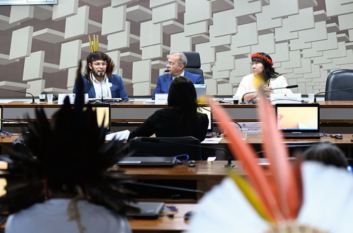 Marcos Kaingang, do Ministério dos Povos Indígenas, e Joenia Wapichana, presidente da Funai, falam em comissão sobre crise em terras ianomâmi - Geraldo Magela/Agência Senado
