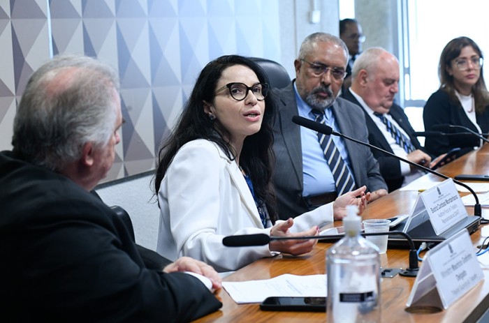 A auditora do trabalho Beatriz Montanhana fala na audiência, ao lado do senador Paulo Paim - Geraldo Magela/Agência Senado
