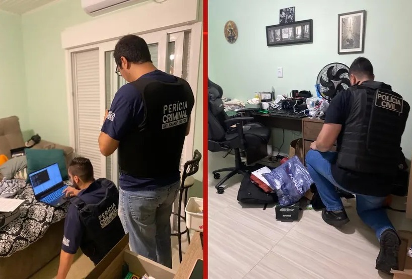 Homem tentou quebrar um computador e um celular quando os policiais chegaram em seu apartamento - Fotos: Polícia Civil
