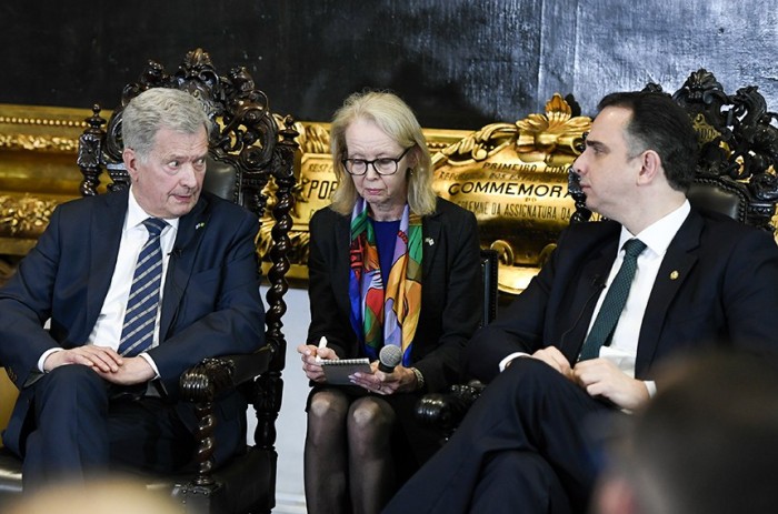 Niinistö e Pacheco conversaram sobre investimentos finlandeses no Brasil e comentaram a guerra na Europa - Foto: Roque de Sá/Agência Senado