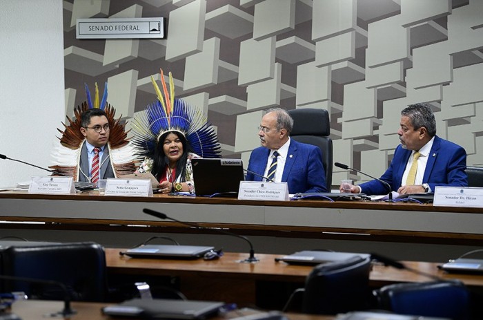 Os senadores Chico Rodrigues (2º à dir.) e Dr. Hiran (à dir.) ouvem a ministra Sonia Guajajara em reunião do colegiado - Foto: Pedro França/Agência Senado