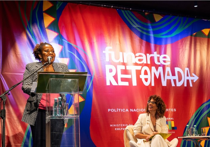 A ministra da Cultura, Margareth Menezes, e a presidenta da Funarte, Maria Marighella, na entrevista coletiva de lançamento do Programa Funarte Retomada, na Sala Funarte Sidney Miller - Rio de Janeiro (RJ) - 10/7/2023 | Foto: Carol Pires