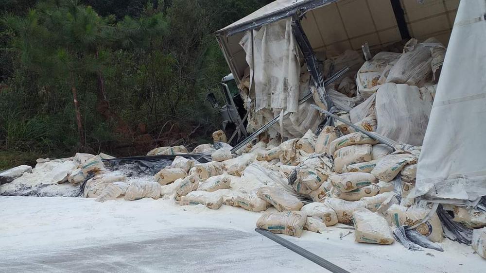 Caminhão carregado de farinha fica sem freio e tomba em matagal em Bento Gonçalves