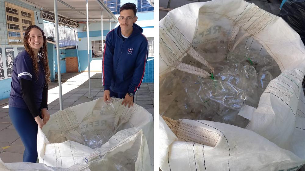 Os alunos estão engajados na arrecadação de garrafas PET. Crédito: Divulgação