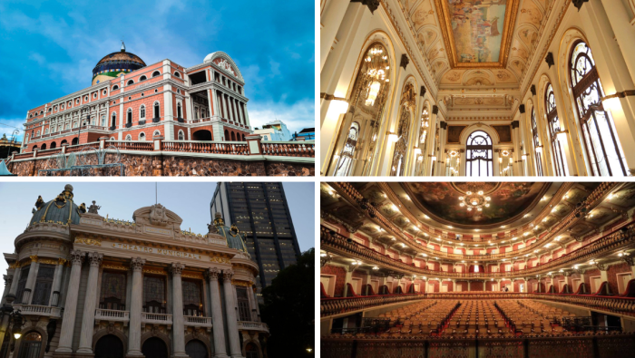 Teatro Amazonas. Crédito: Roberto Castro/MTur | Theatro Municipal de São Paulo. Crédito: Fábio Arantes/Prefeitura de São Paulo | Theatro Municipal do Rio de Janeiro. Crédito: Fernando Frazão/Agência Brasil | Theatro da Paz. Crédito: Jader Paes/Agência Par