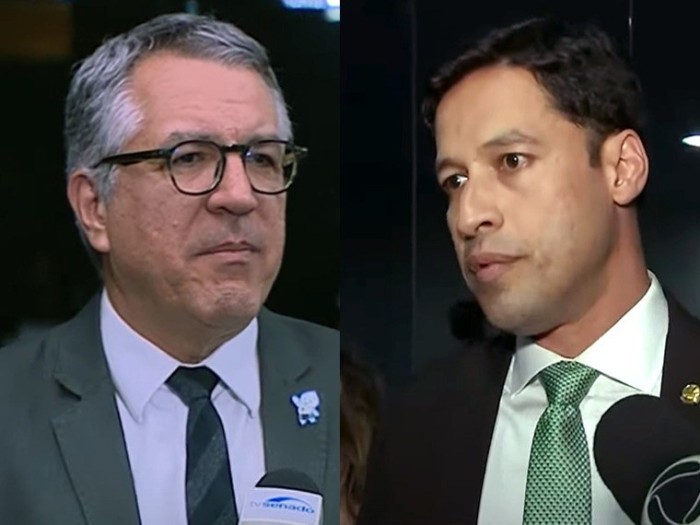 O ministro Alexandre Padilha e o senador Rodrigo Cunha, após a reunião no Senado - Foto: tatibg