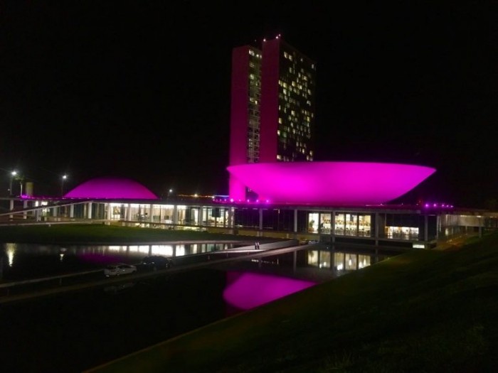 Congresso costuma se iluminar de rosa em adesão à campanha - (Foto: Samuel de Souza/Câmara dos Deputados)