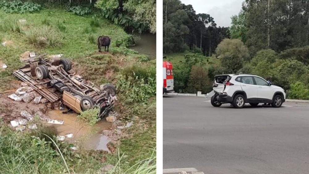 Após colisão, caminhão desce barranco e capota na BR-470