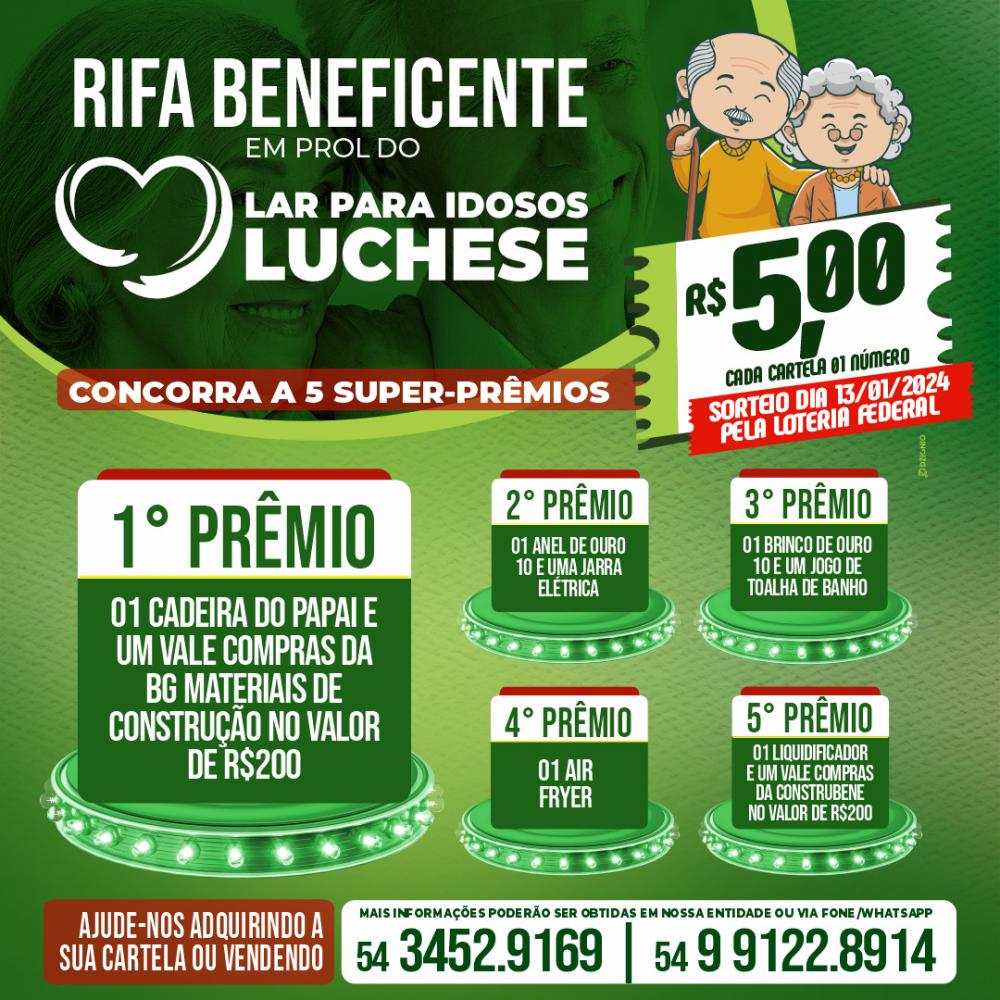 Comunidade pode ajudar idosos do Lar Luchese em rifa solidária