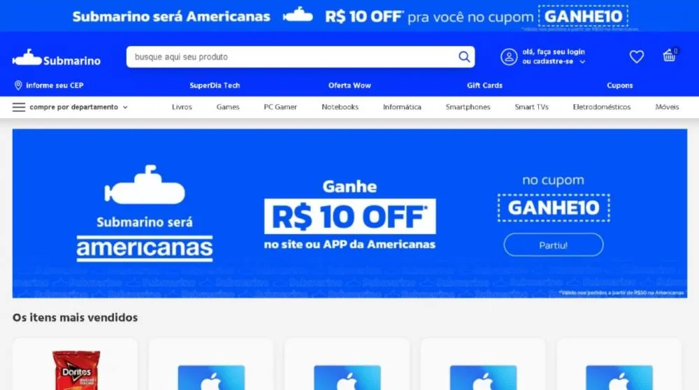No site do Submarino já é anunciado que ele virará Americanas - Foto: Reprodução